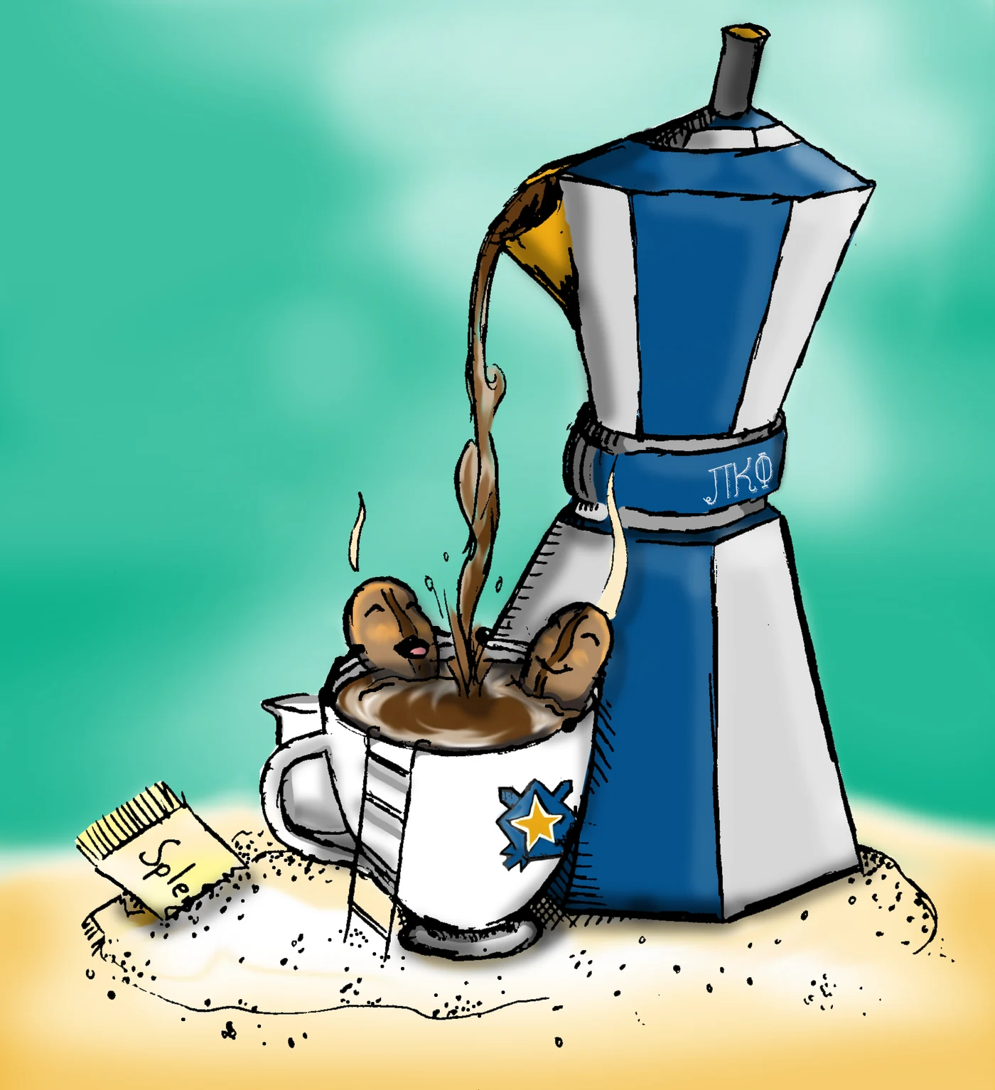Illustration of a moka pot and coffee cup