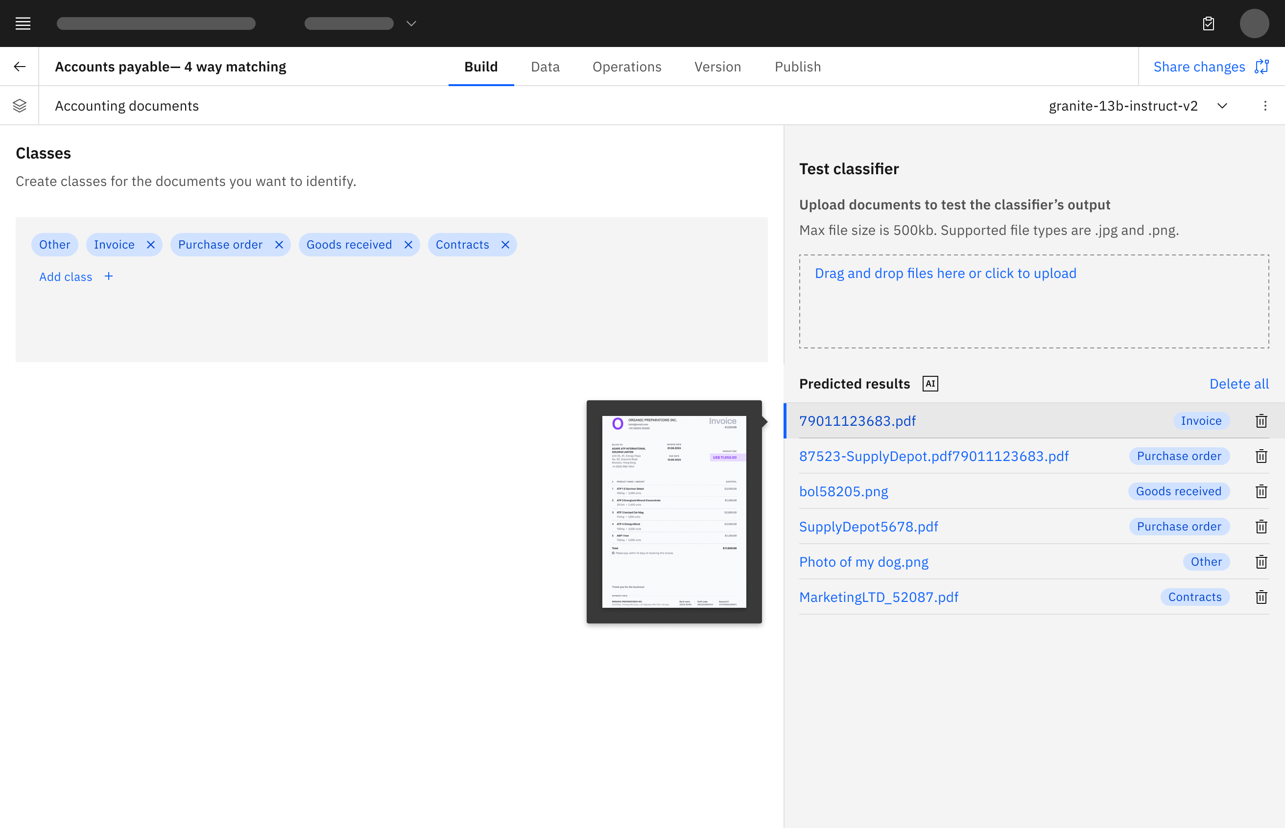 Classifier interface showing document classes and test results for document processing setup.