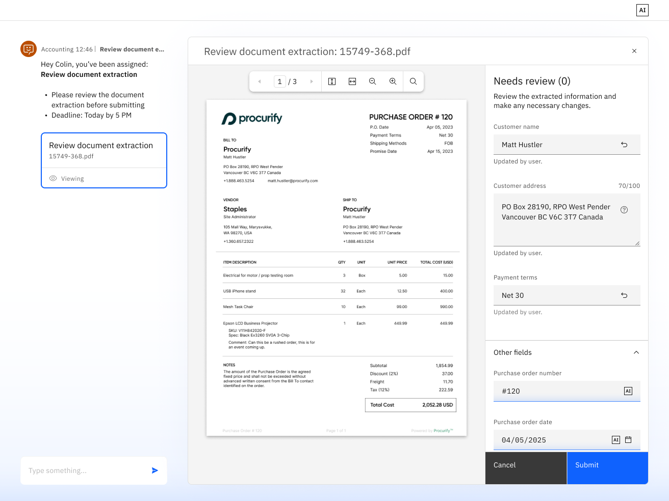 Document review interface with a source document and extracted fields shown side by side.