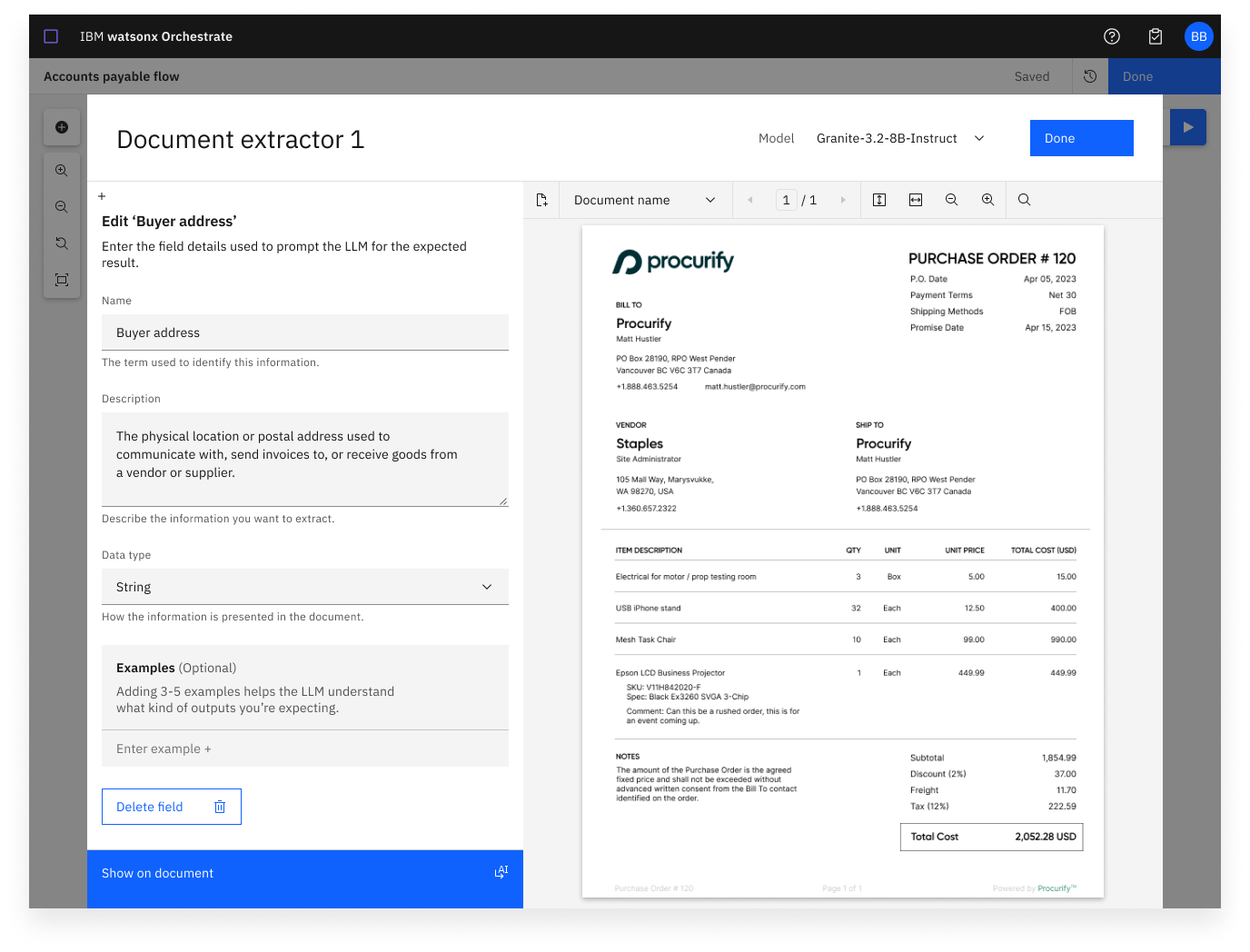 Document extractor field editor using a fictional purchase order