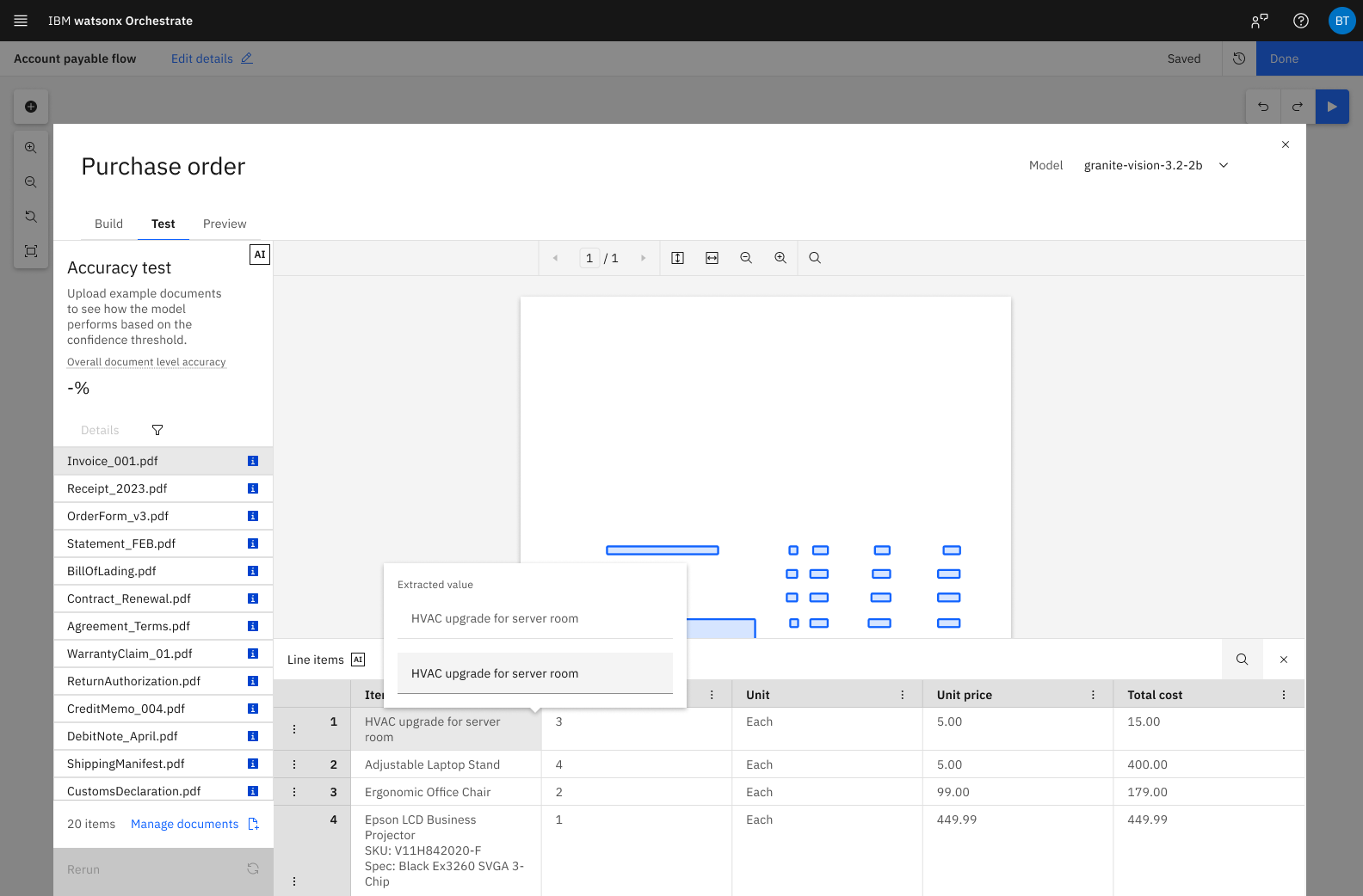 Document review table with editable fictional extracted values