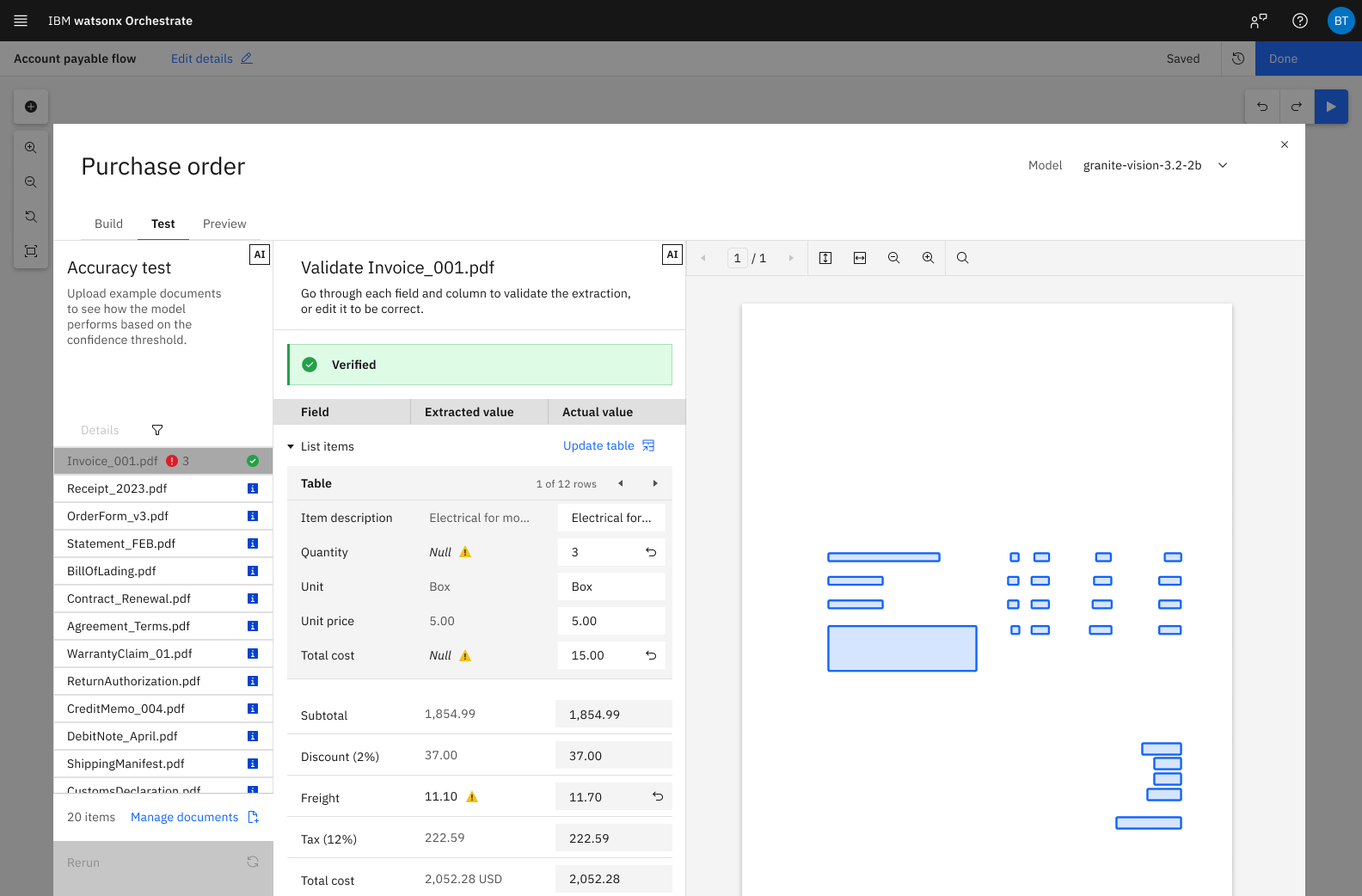 Document review screen showing verified fictional output