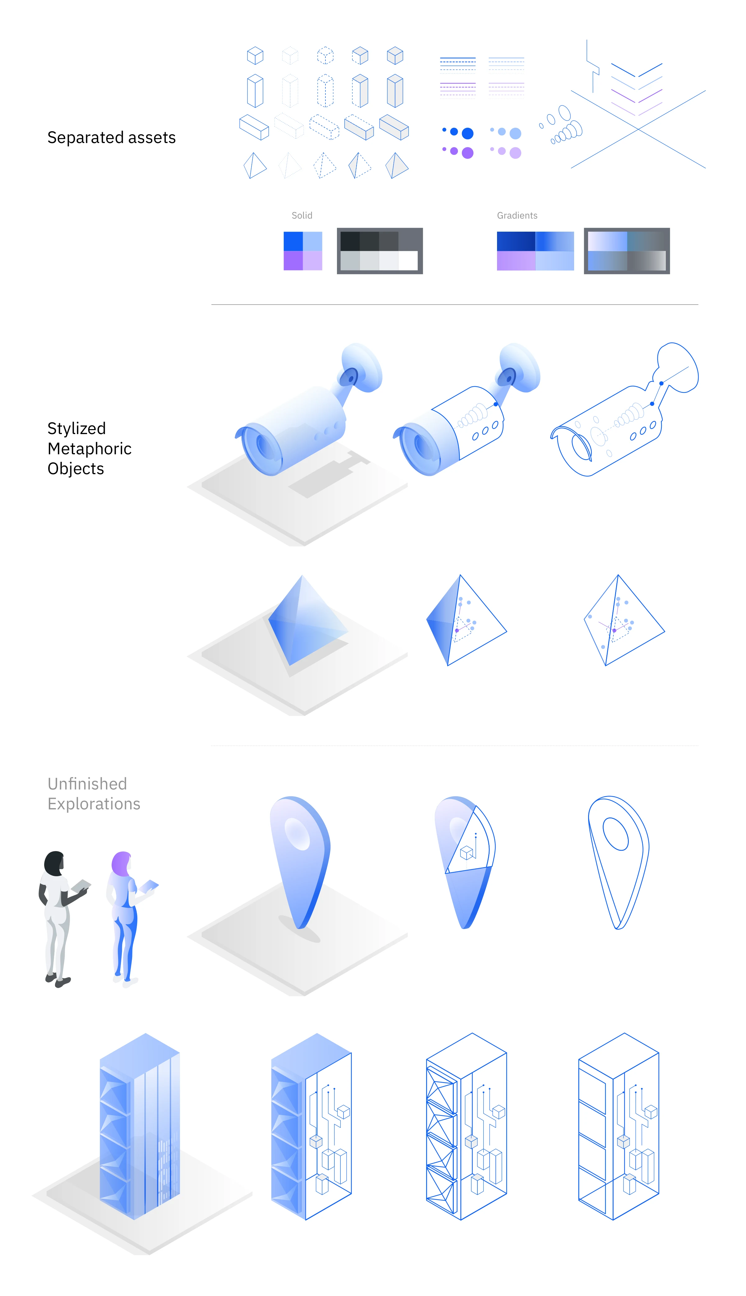 IBM Cloud PALtron illustration system sheet with separated assets, color treatments, and object explorations