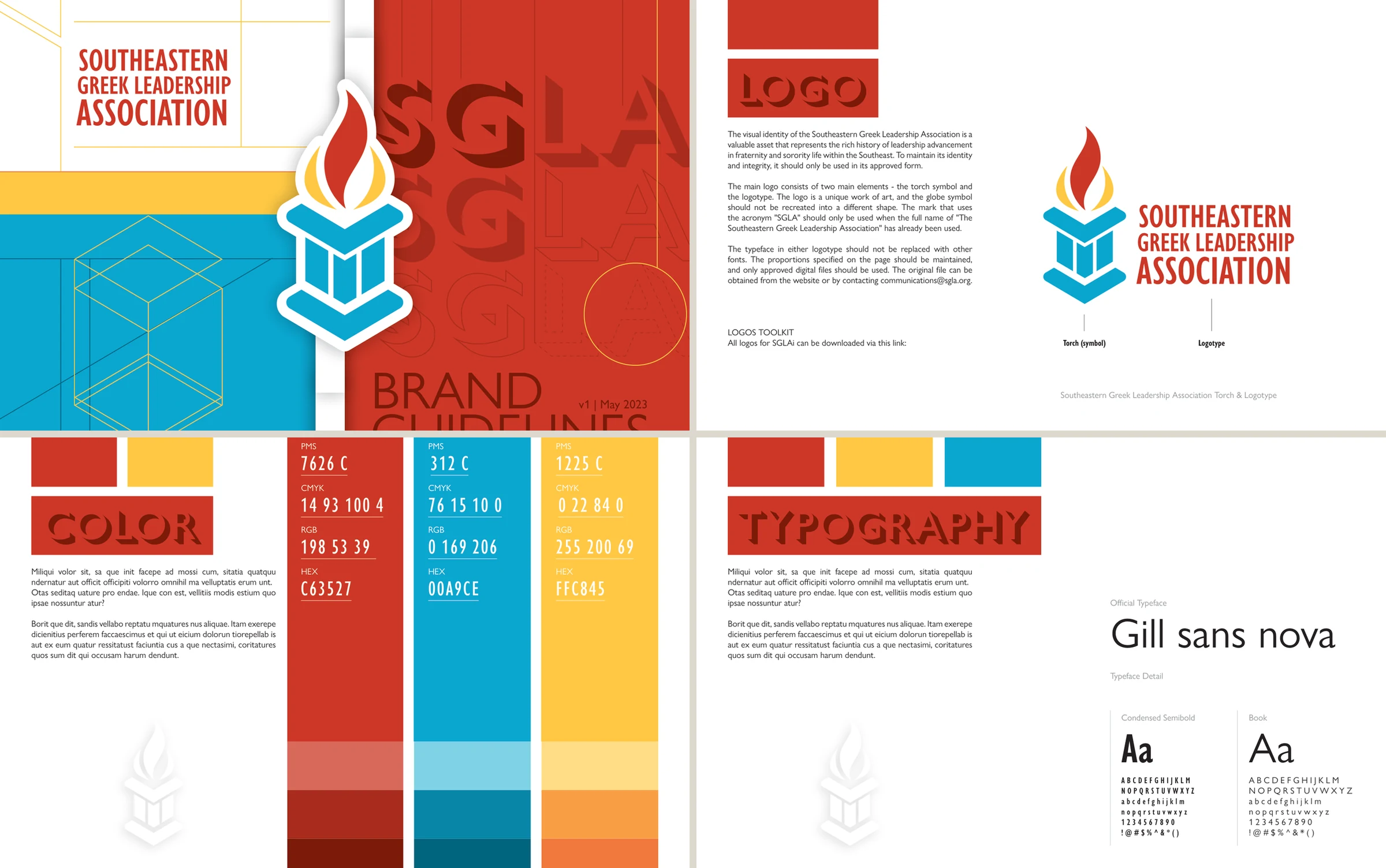 SGLA brand guideline cover, logo, color, and typography spreads