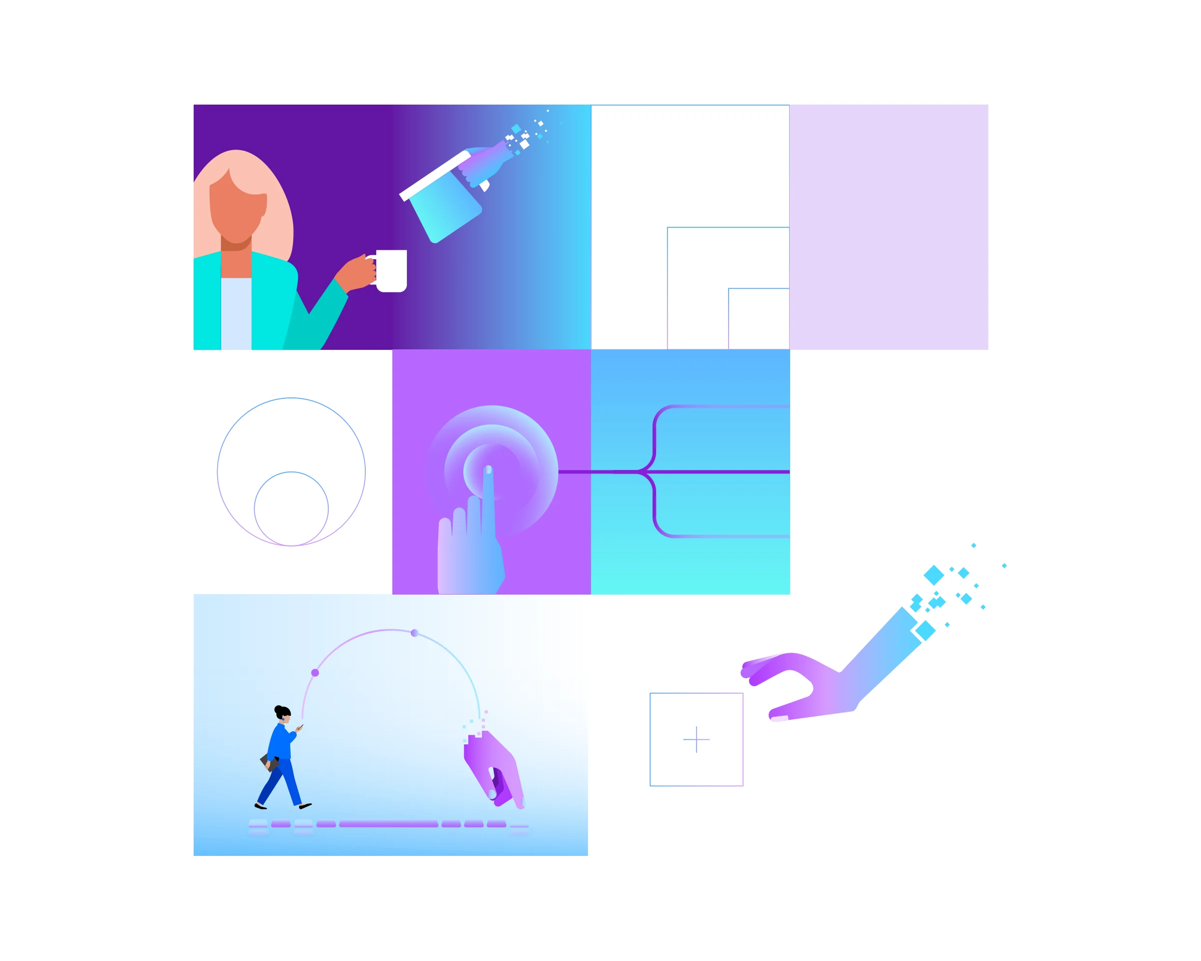 IBM watsonx Orchestrate illustration composition with people, gestures, gradients, paths, and interface motifs