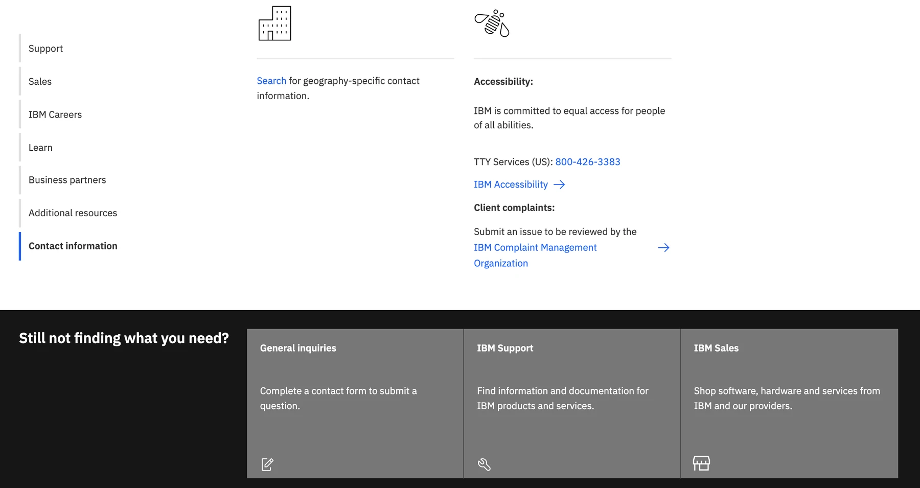 Close-up of contact information and the final general inquiry, IBM Support, and IBM Sales fallback routes