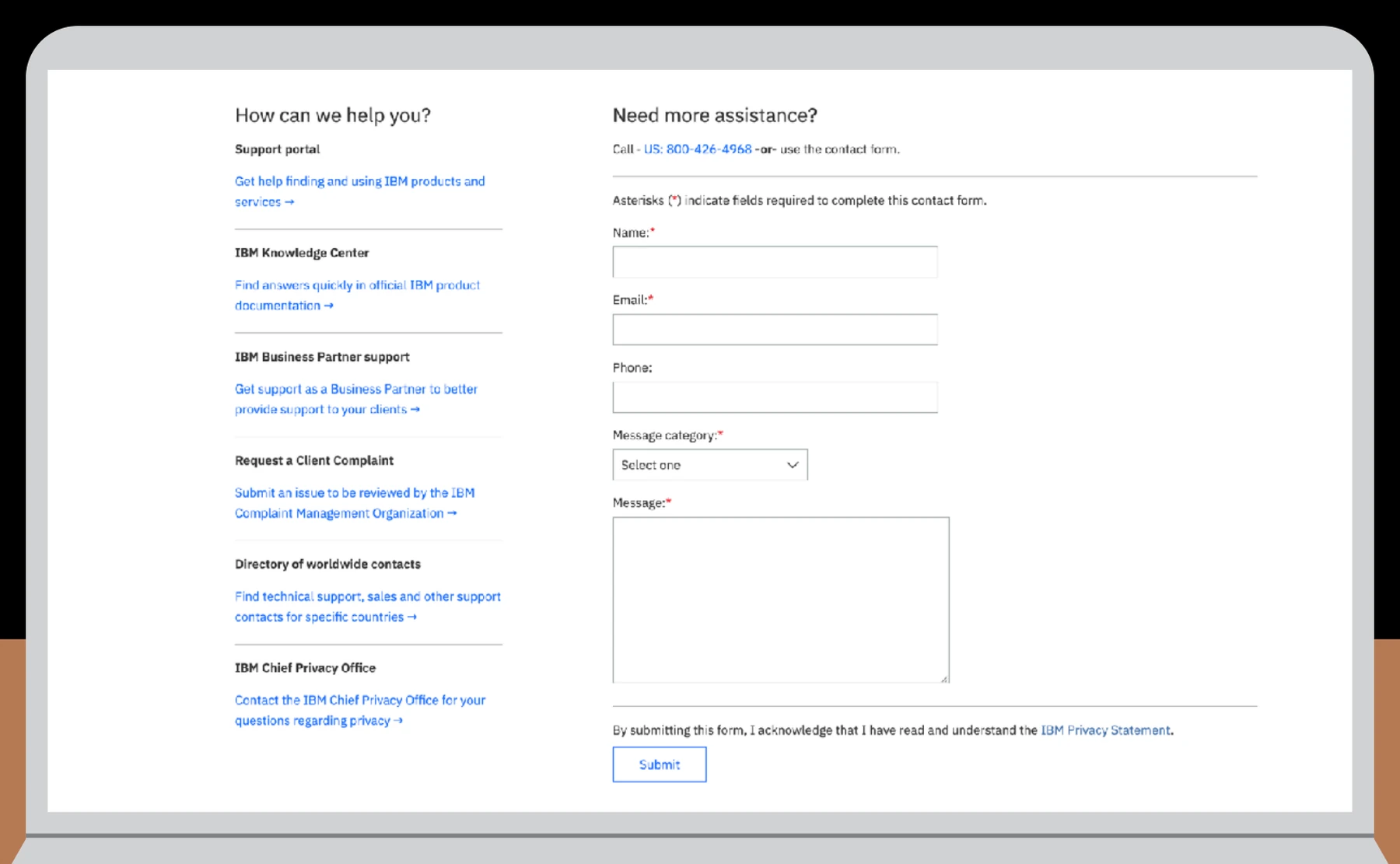 Historical IBM Contact Us experience showing a list of destinations beside an empty general contact form
