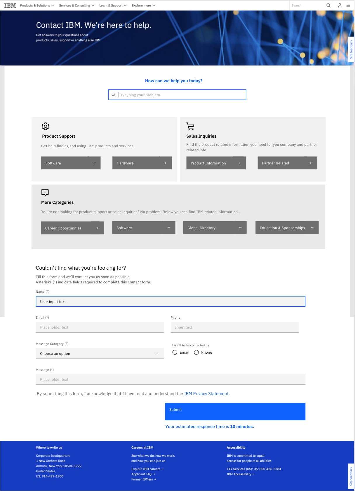 Mid-fidelity Contact IBM exploration combining topic cards with a general contact form