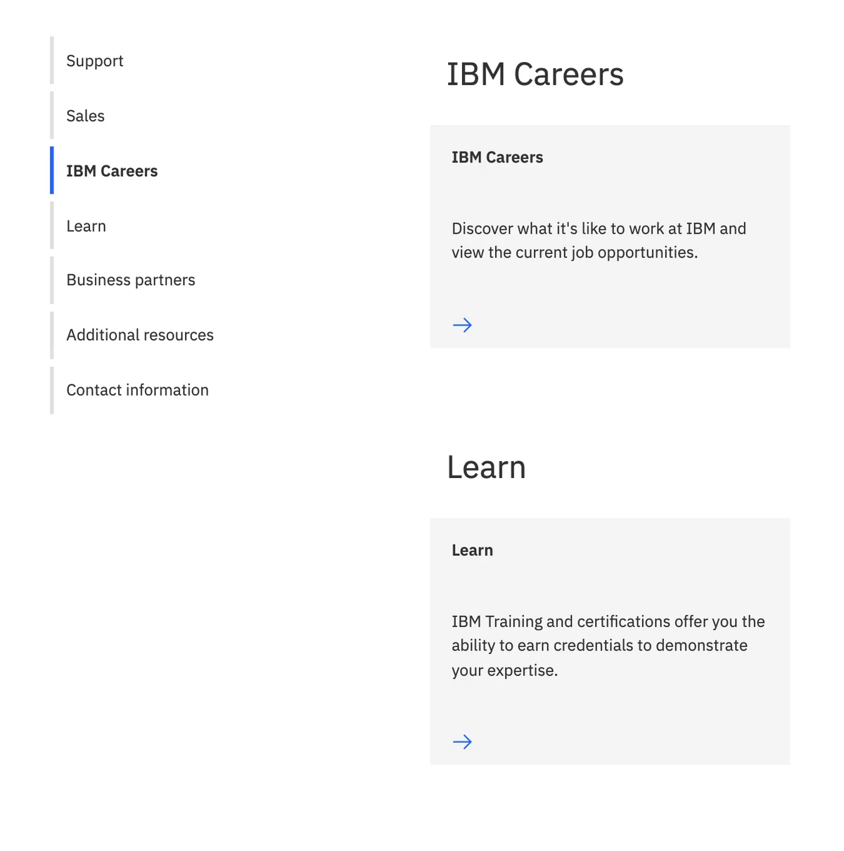 Close-up of the 2021 future-state navigation for IBM Careers and Learn