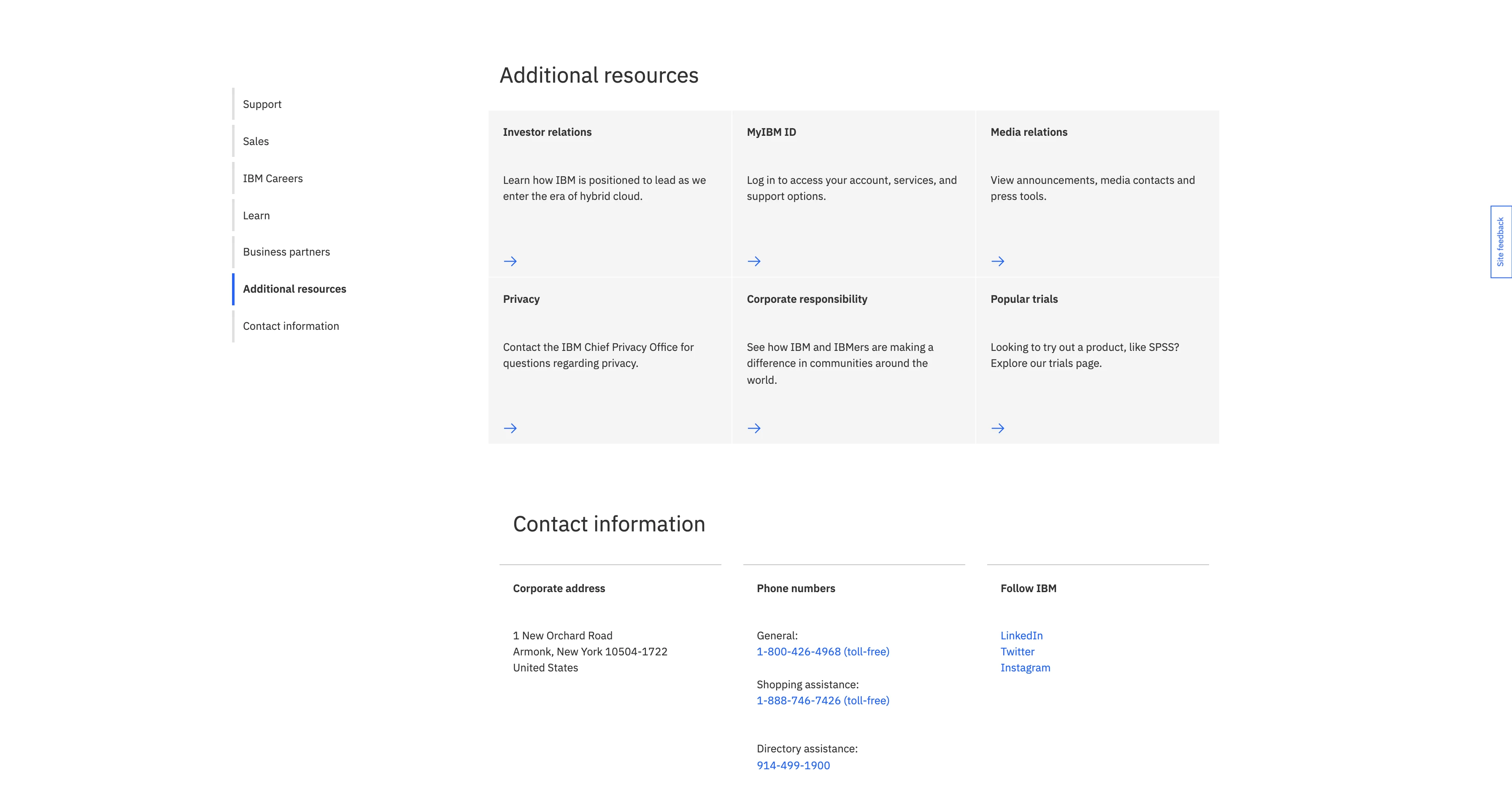 IBM Contact Us Additional Resources section