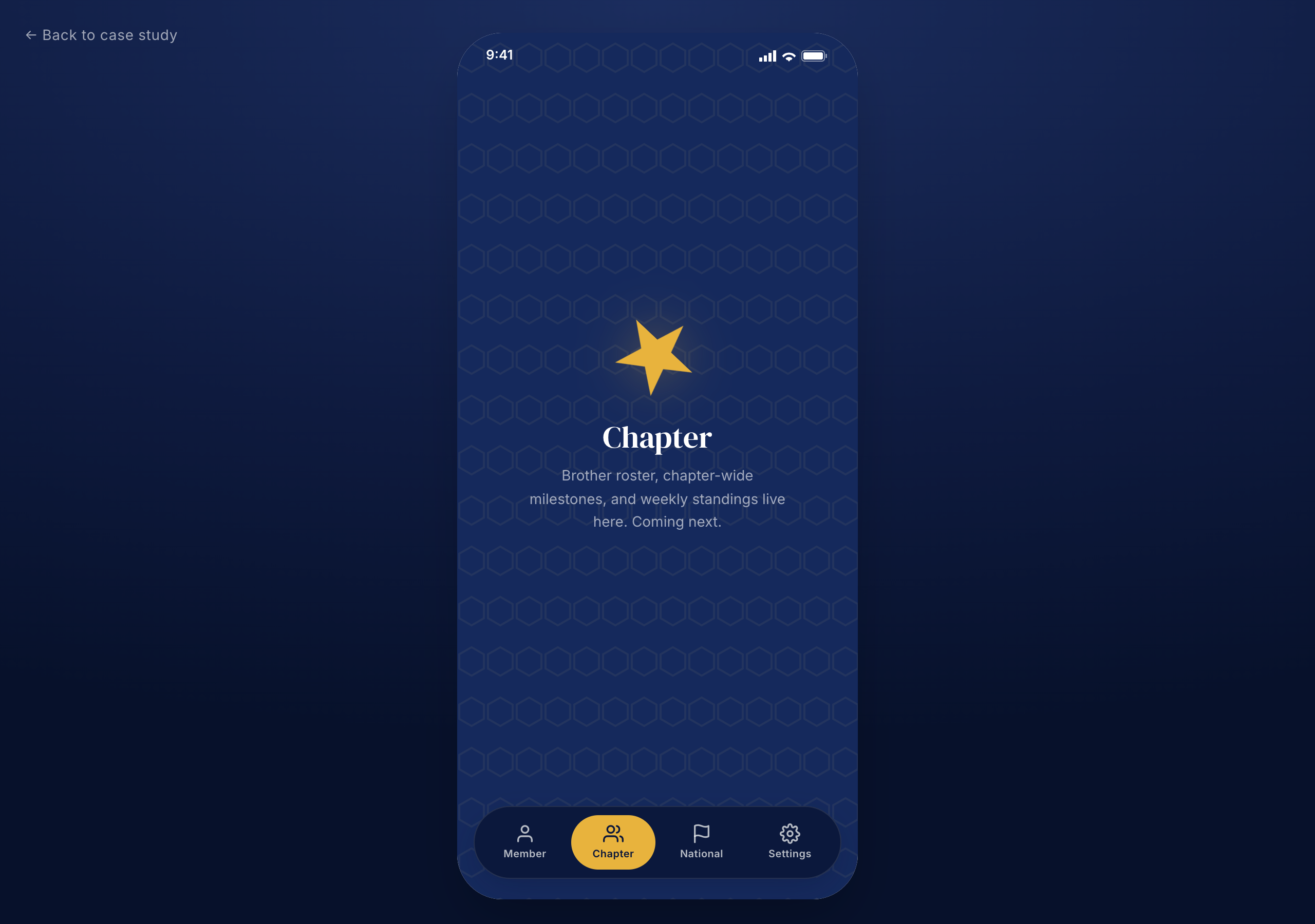 Pi Kapp App prototype: Chapter tab empty state with the gold star centered on deep blue with hex tessellation