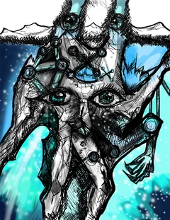 Black-and-white and turquoise character illustration