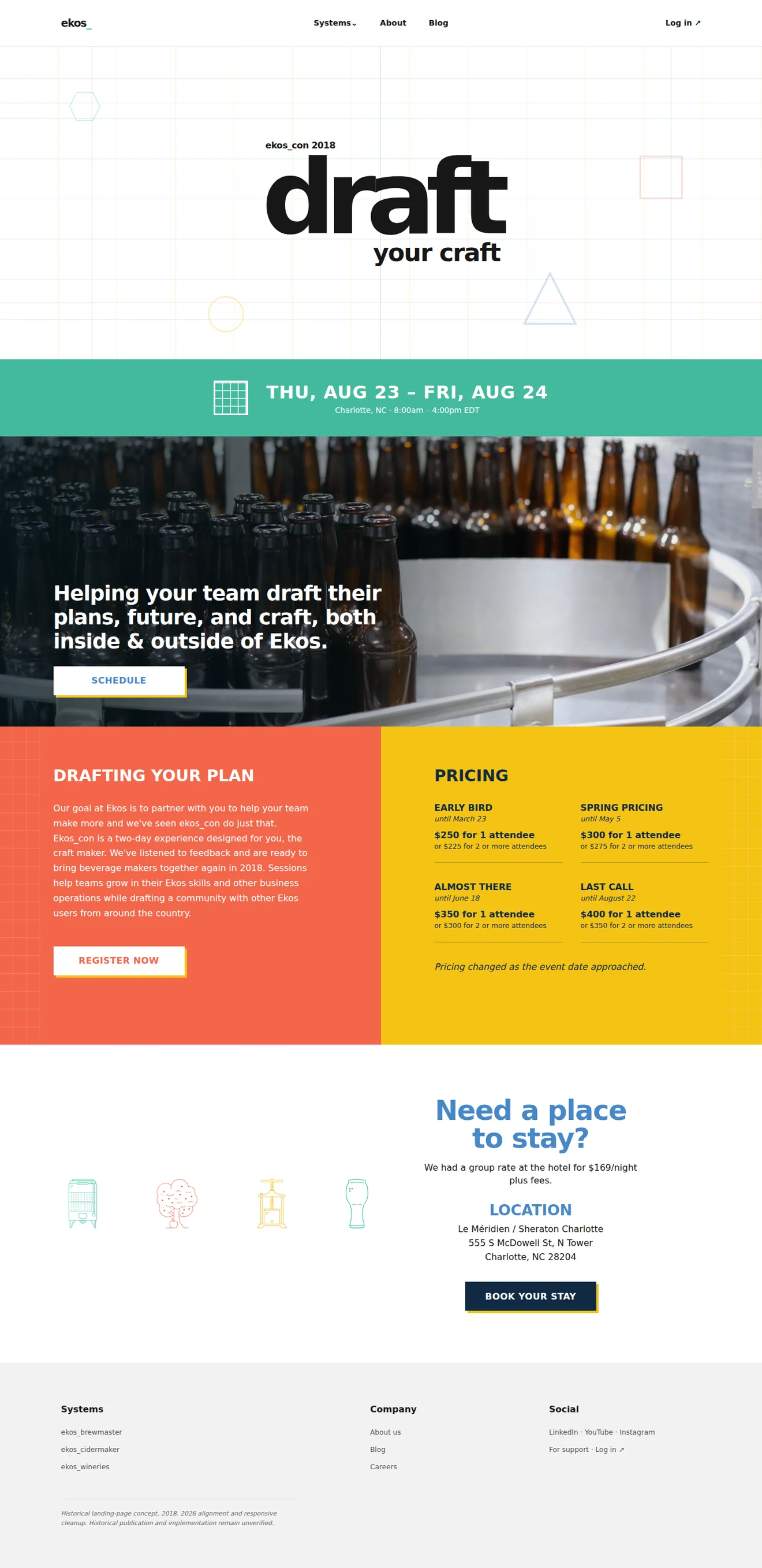 Complete Ekos Con desktop landing-page cleanup with drafting-grid construction, event details, brewery photograph, pricing, and lodging information
