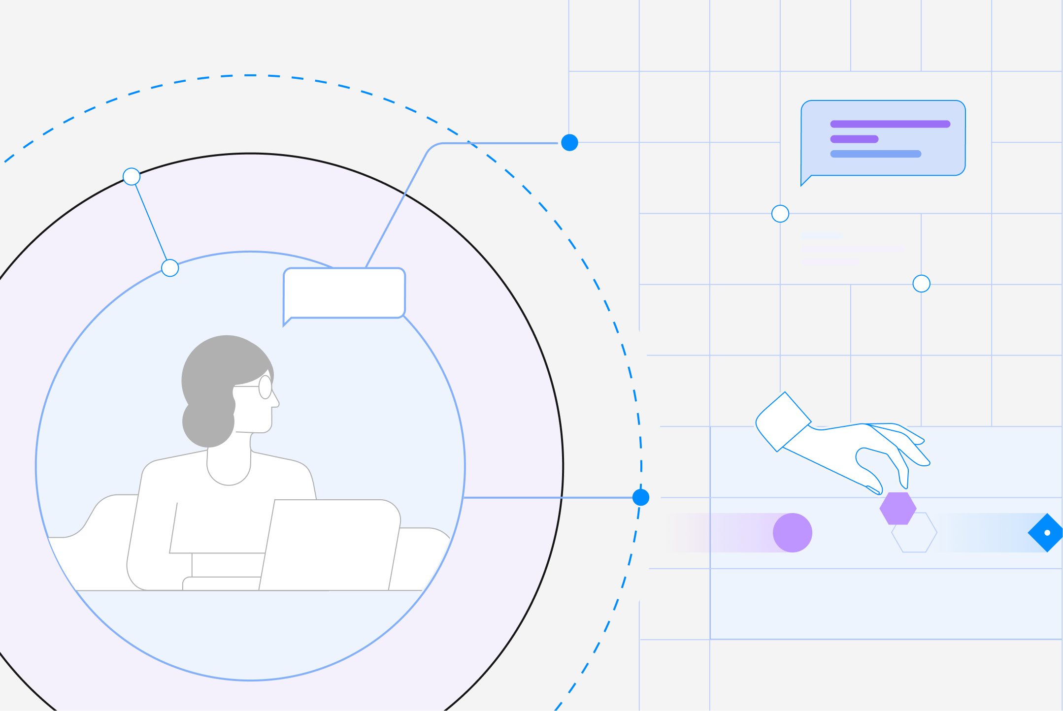 Abstract illustration of an agentic workflow canvas connecting a person, interface elements, and workflow controls