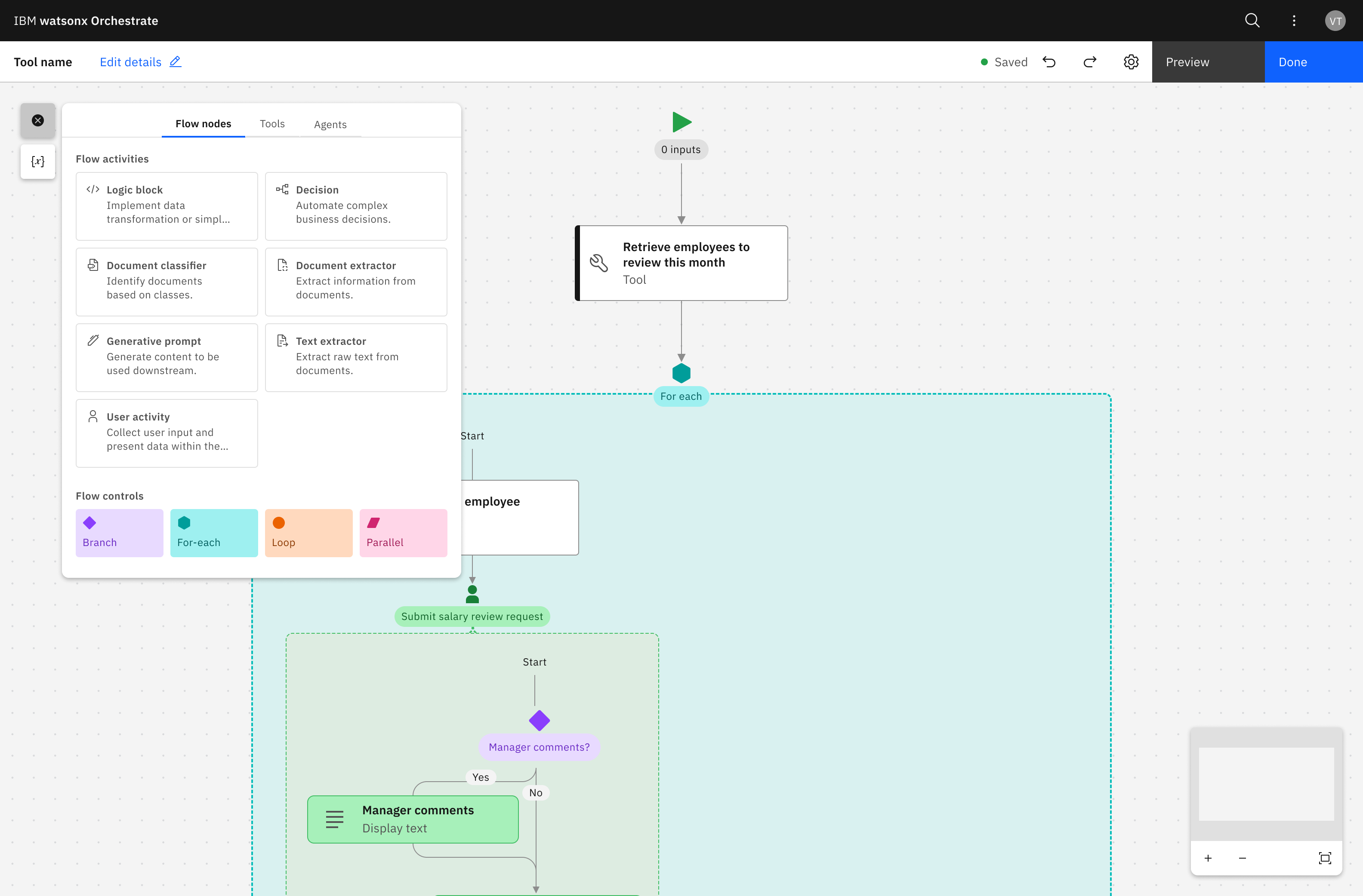 Historical workflow canvas with connected tasks, controls, and a node palette