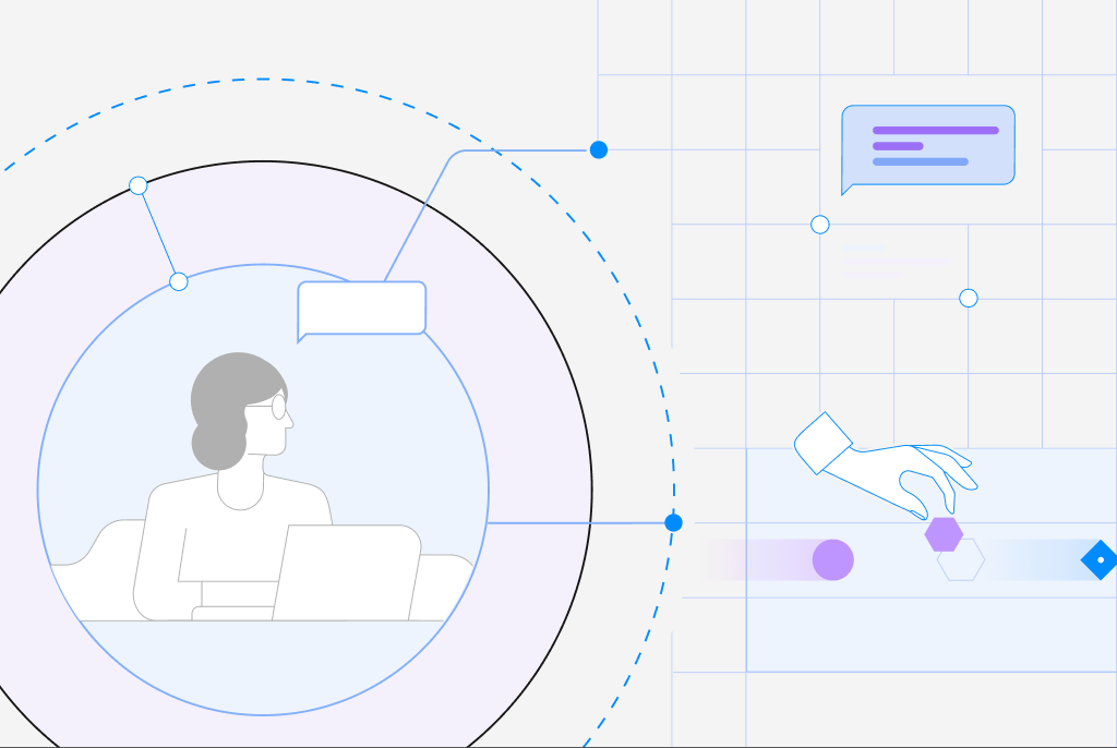 Abstract illustration of an agentic workflow canvas connecting a person, interface elements, and workflow controls